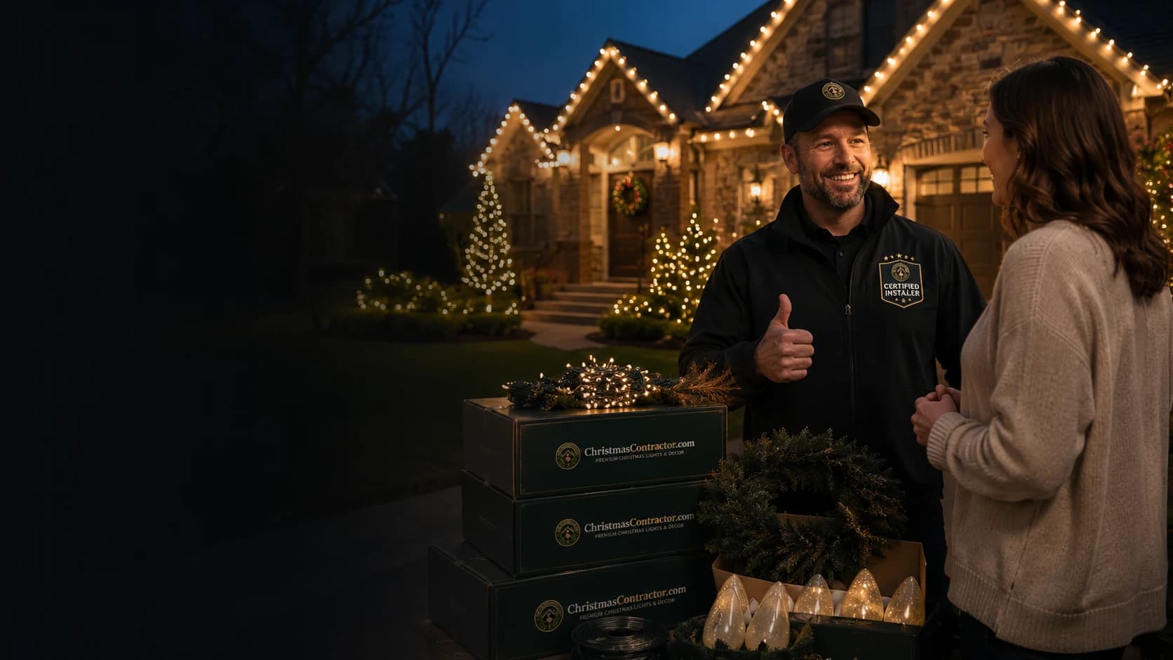 ChristmasContractor.com client-owned Christmas lights installer with homeowner and lighting materials