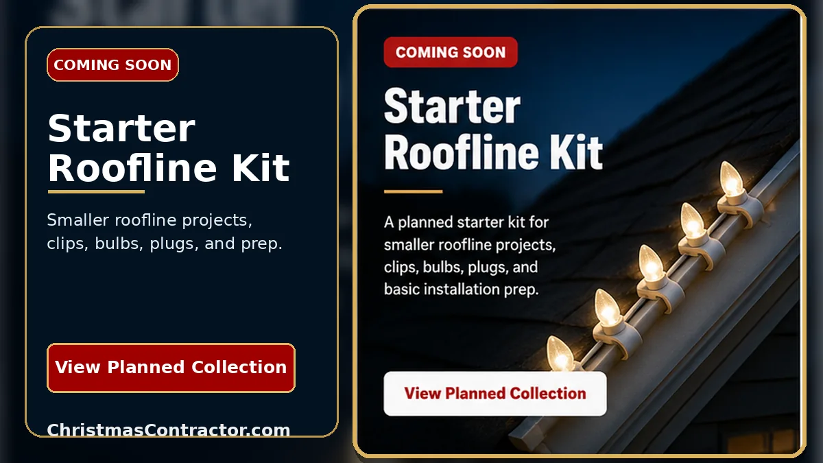 Starter roofline Christmas light kit with bulbs, clips, wire, and install materials.