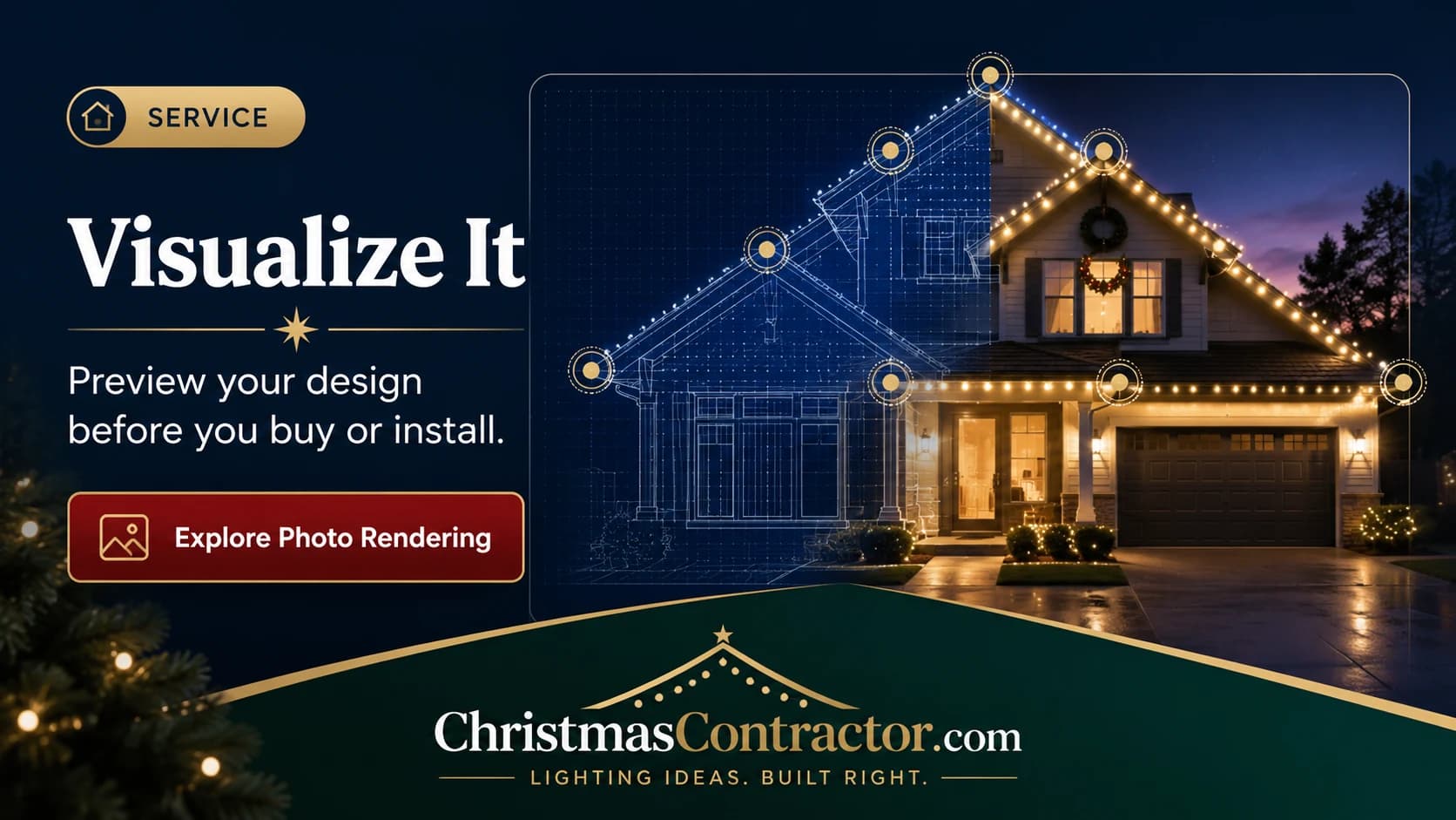 Photo rendering preview for Christmas light design before buying or installing.