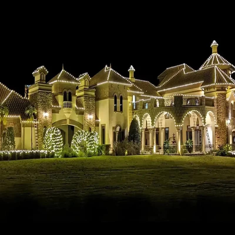 Professional roofline Christmas light installation on a luxury home