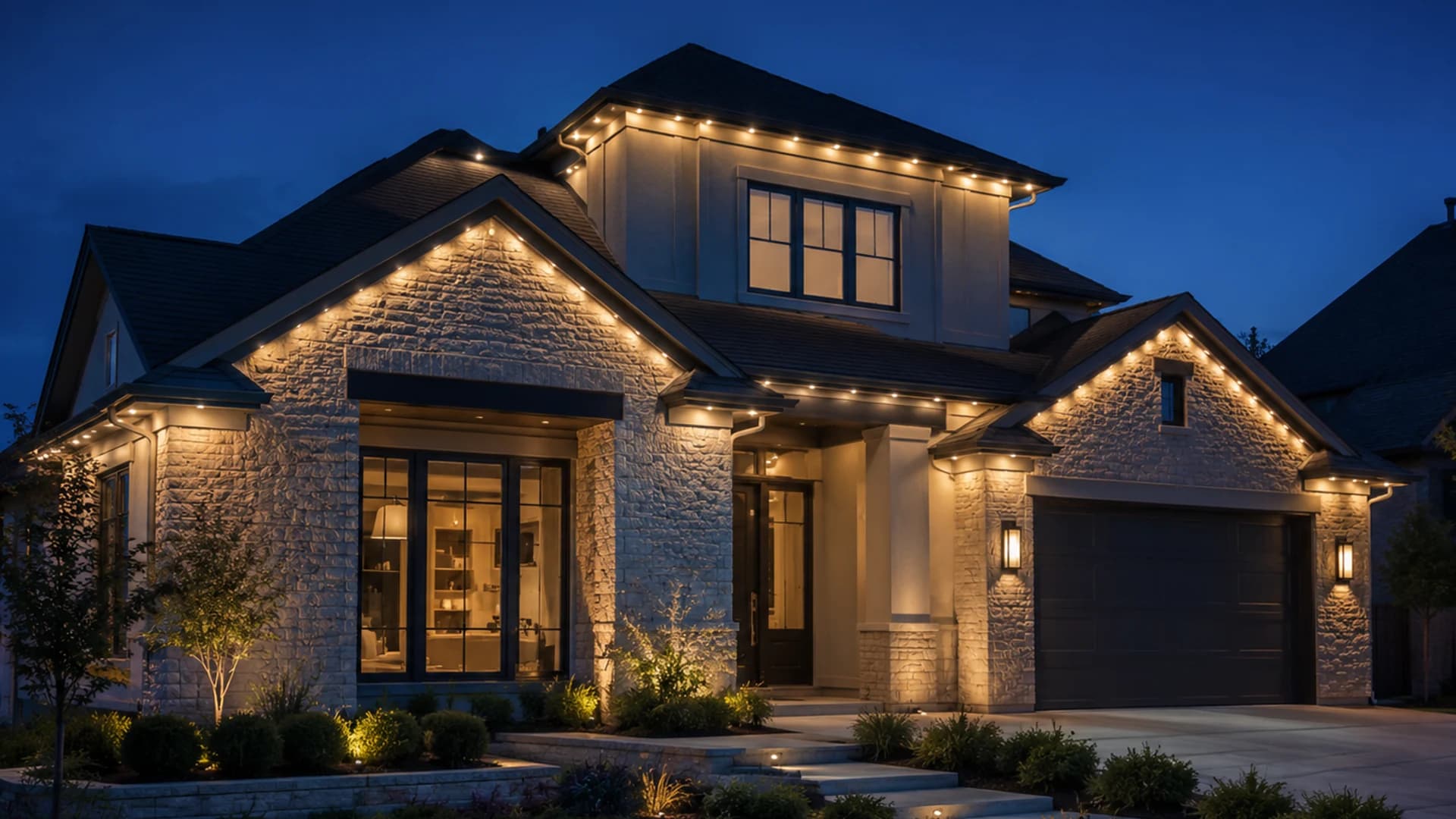 Home at night with red, white, and blue permanent roofline lighting