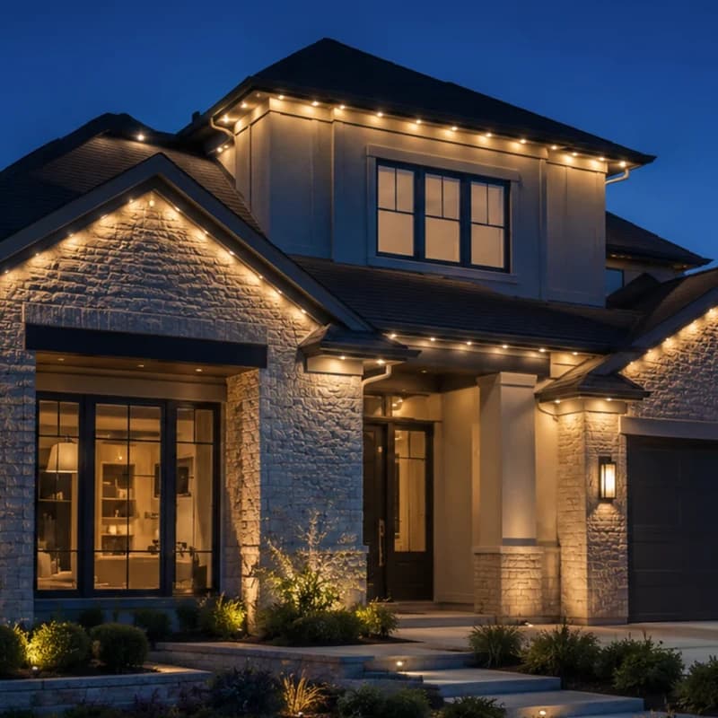 Permanent eave-mounted lighting on a home