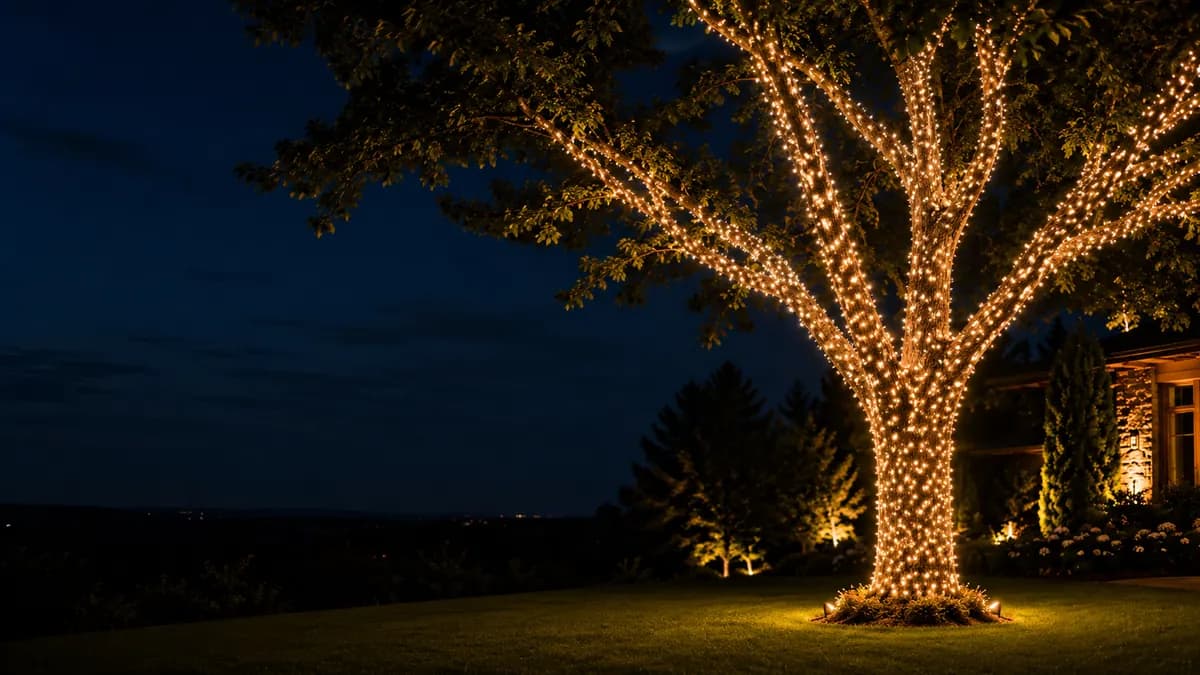Branch wrapping Christmas lights extending into tree limbs.