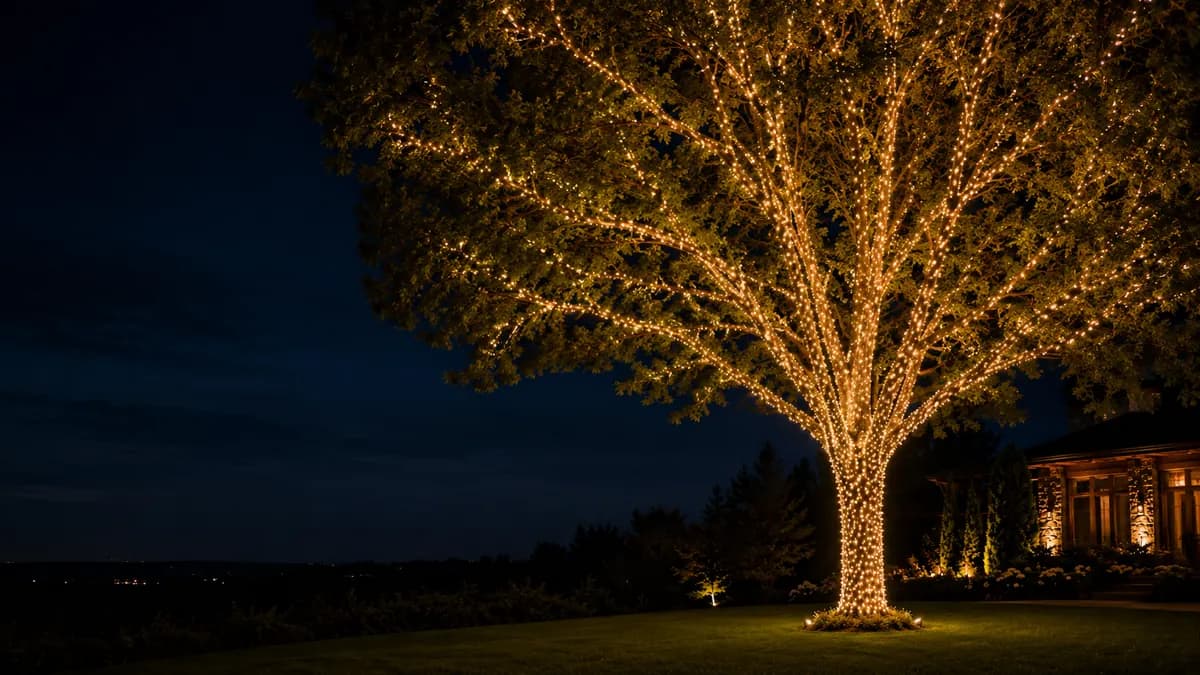 Canopy tree lighting with Christmas lights extending high into the tree.