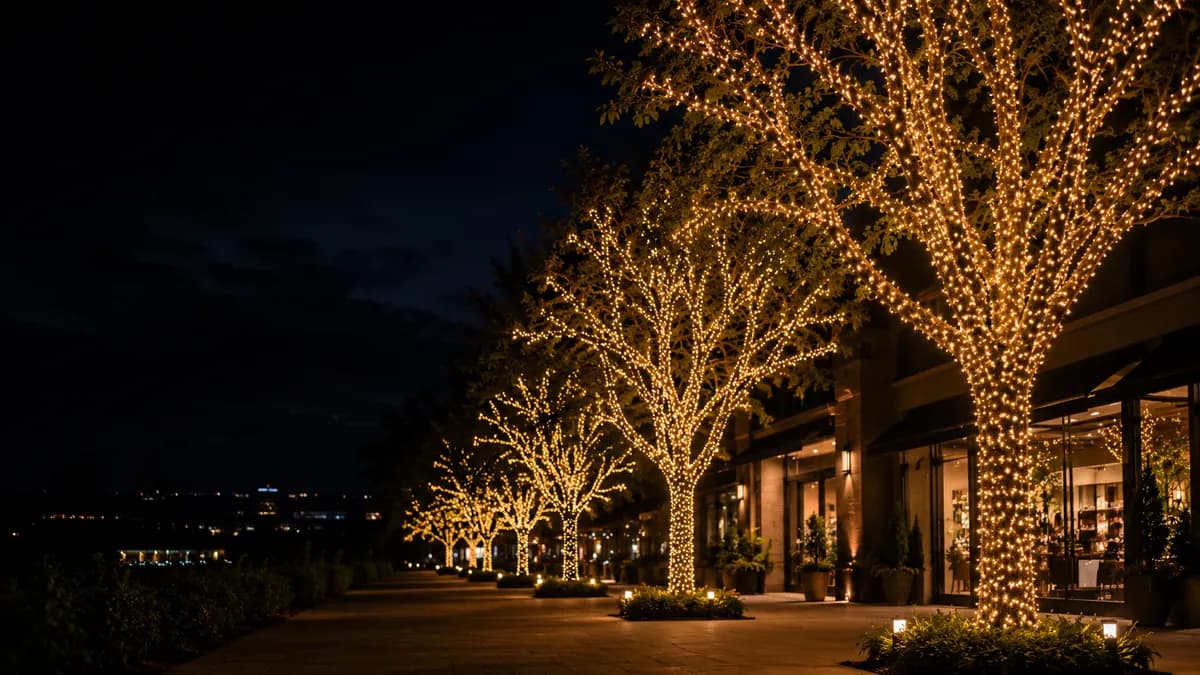Commercial property trees wrapped with Christmas lights.