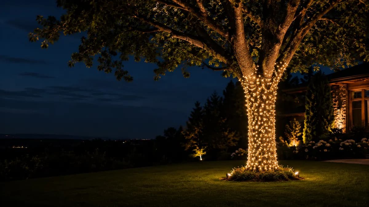 Full trunk wrap Christmas light installation on a tree.