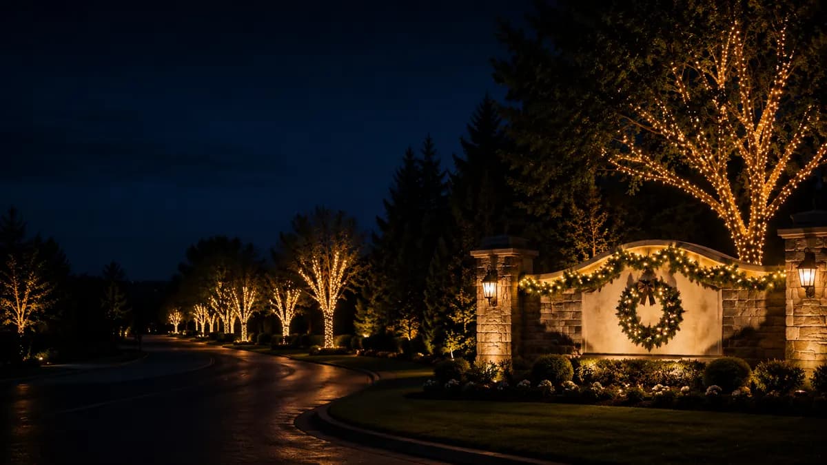 HOA entrance monument trees wrapped with Christmas lights.