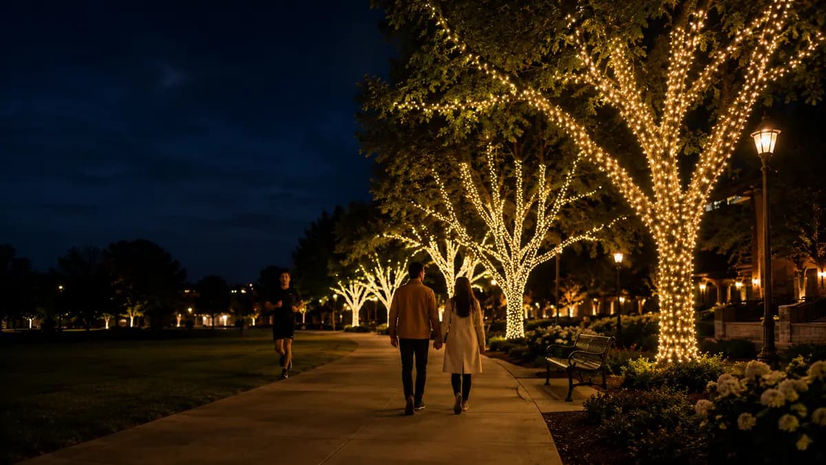 Municipal park trees wrapped with Christmas lights.