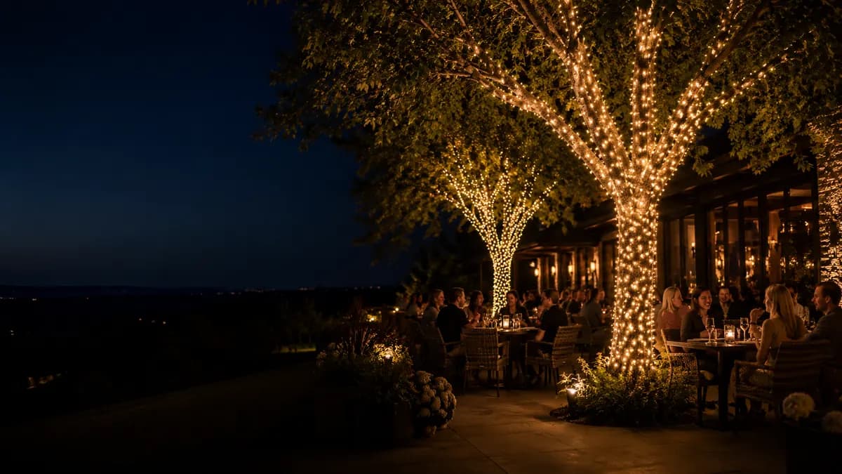 Restaurant patio tree wrapping with outdoor dining lights.