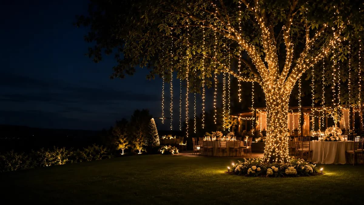 Wedding tree lighting with wrapped tree and hanging light drops.