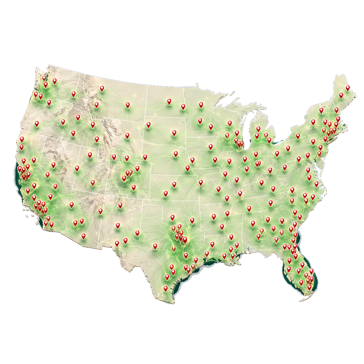 Lower 48 United States coverage map with contractor location pins.