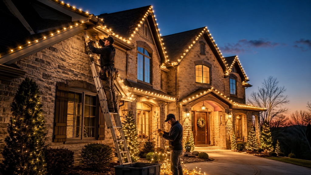 Professional Christmas light installation along a roofline