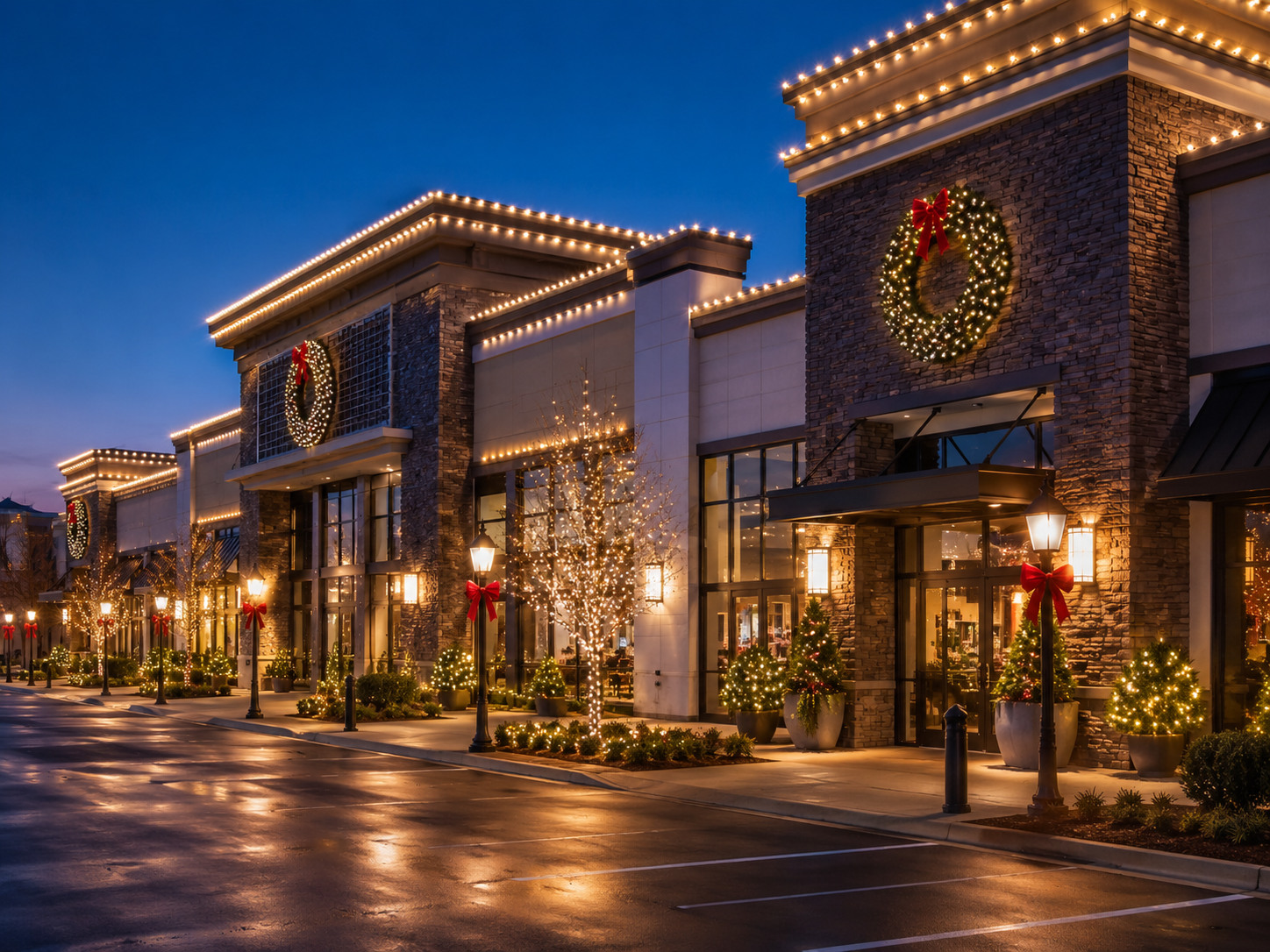 Commercial holiday lighting on a retail property