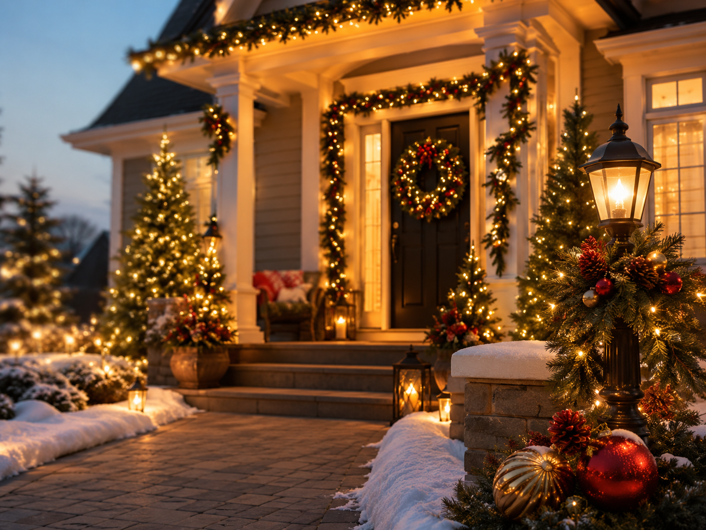 Holiday decor installation on a residential exterior