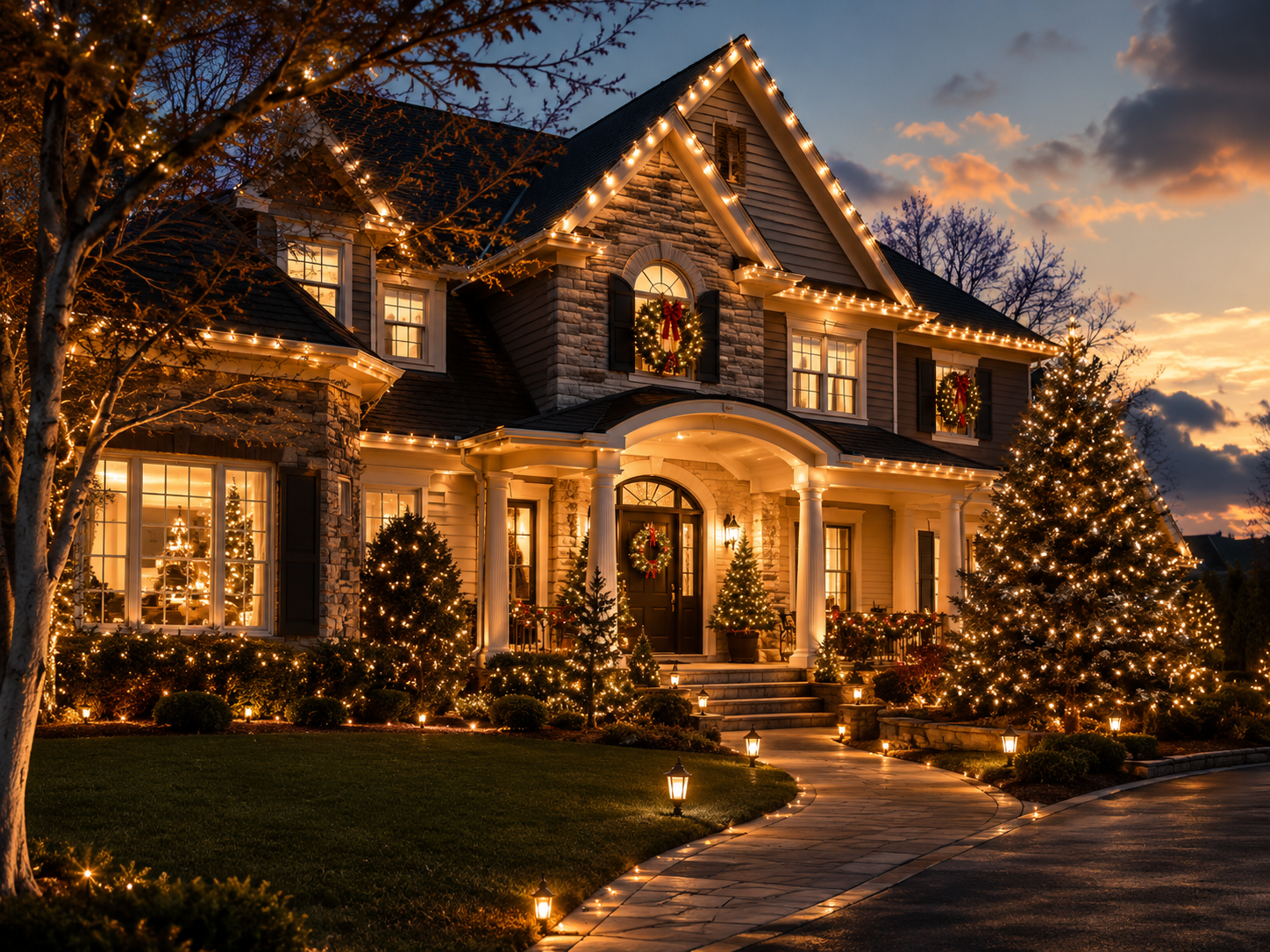 Residential Christmas light installation on a home at night