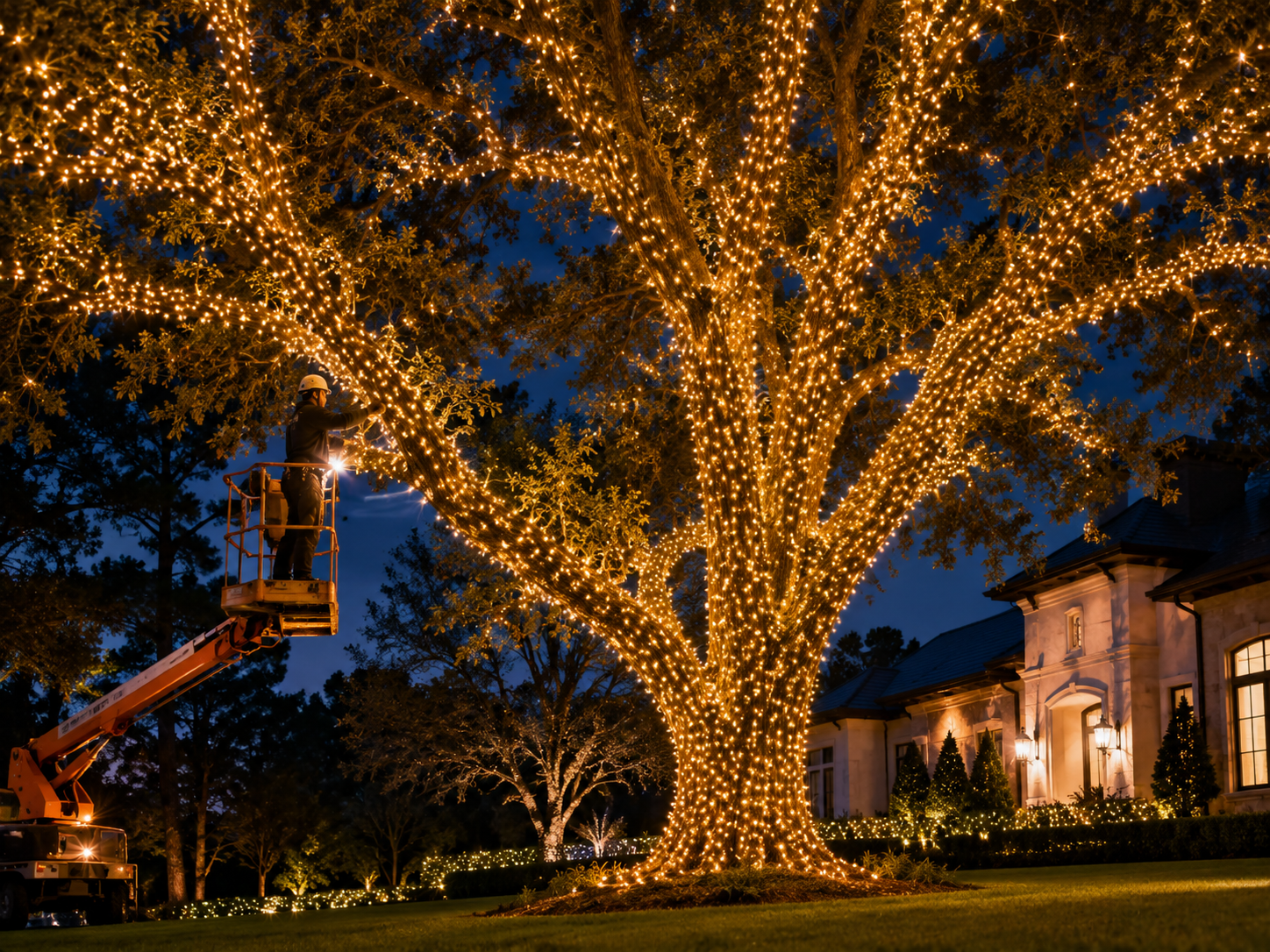 Tree wrapping with holiday mini lights on a residential property