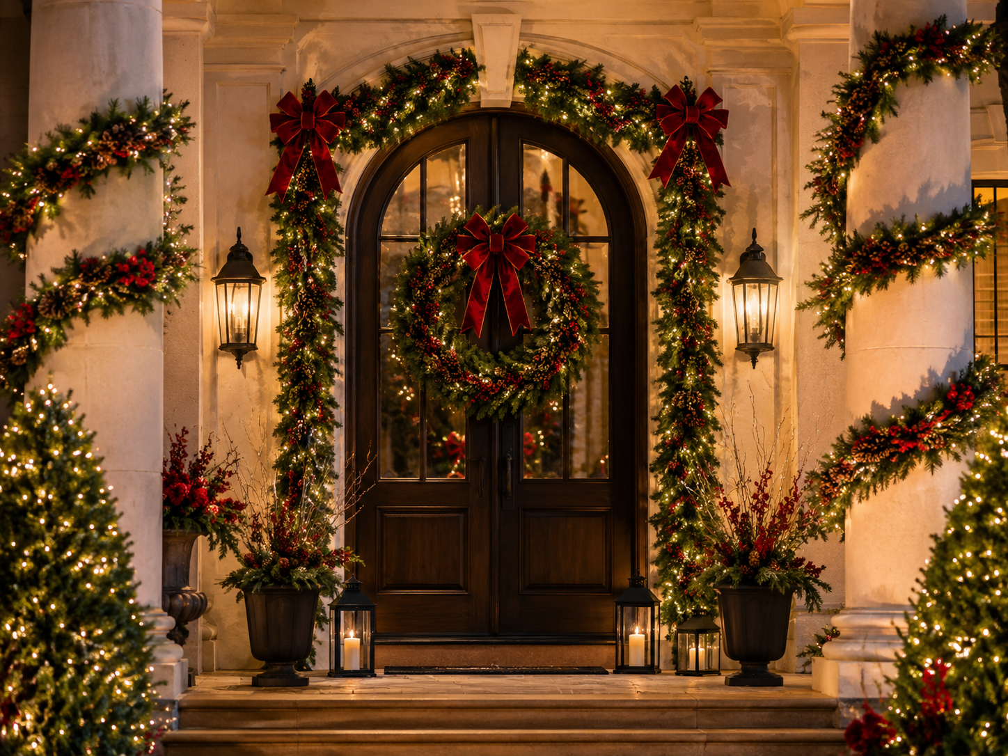 Wreaths and garland holiday decor on a home entrance