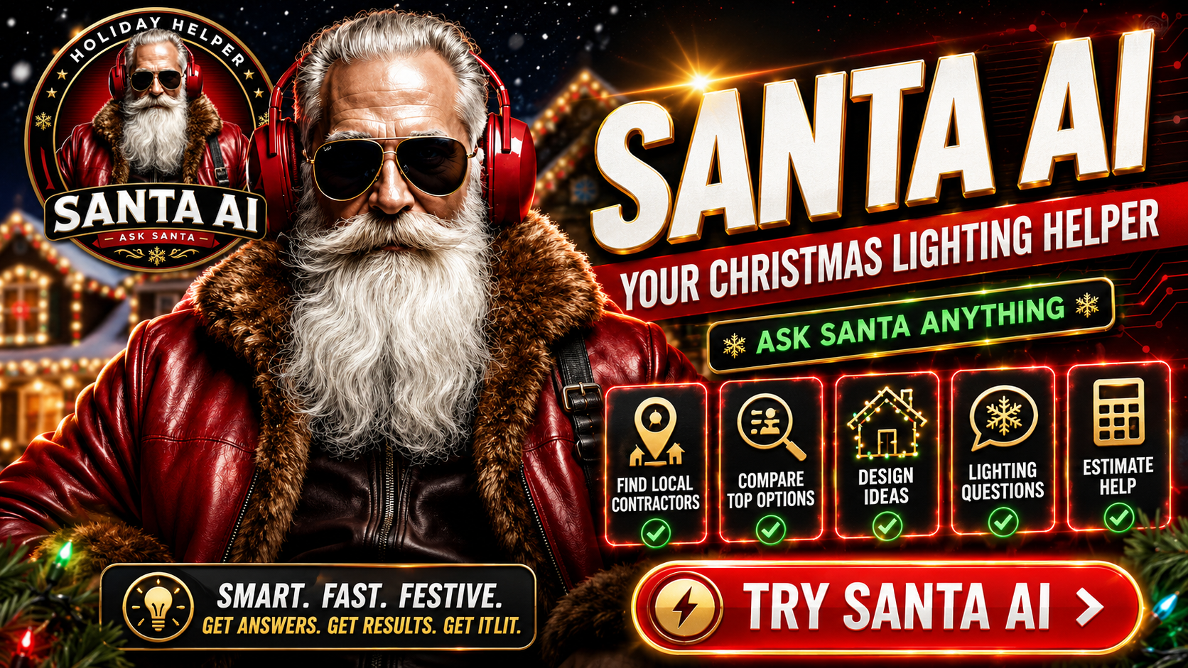 Santa AI — your Christmas lighting helper. Ask Santa anything: find local contractors, compare top options, design ideas, lighting questions, and estimate help.